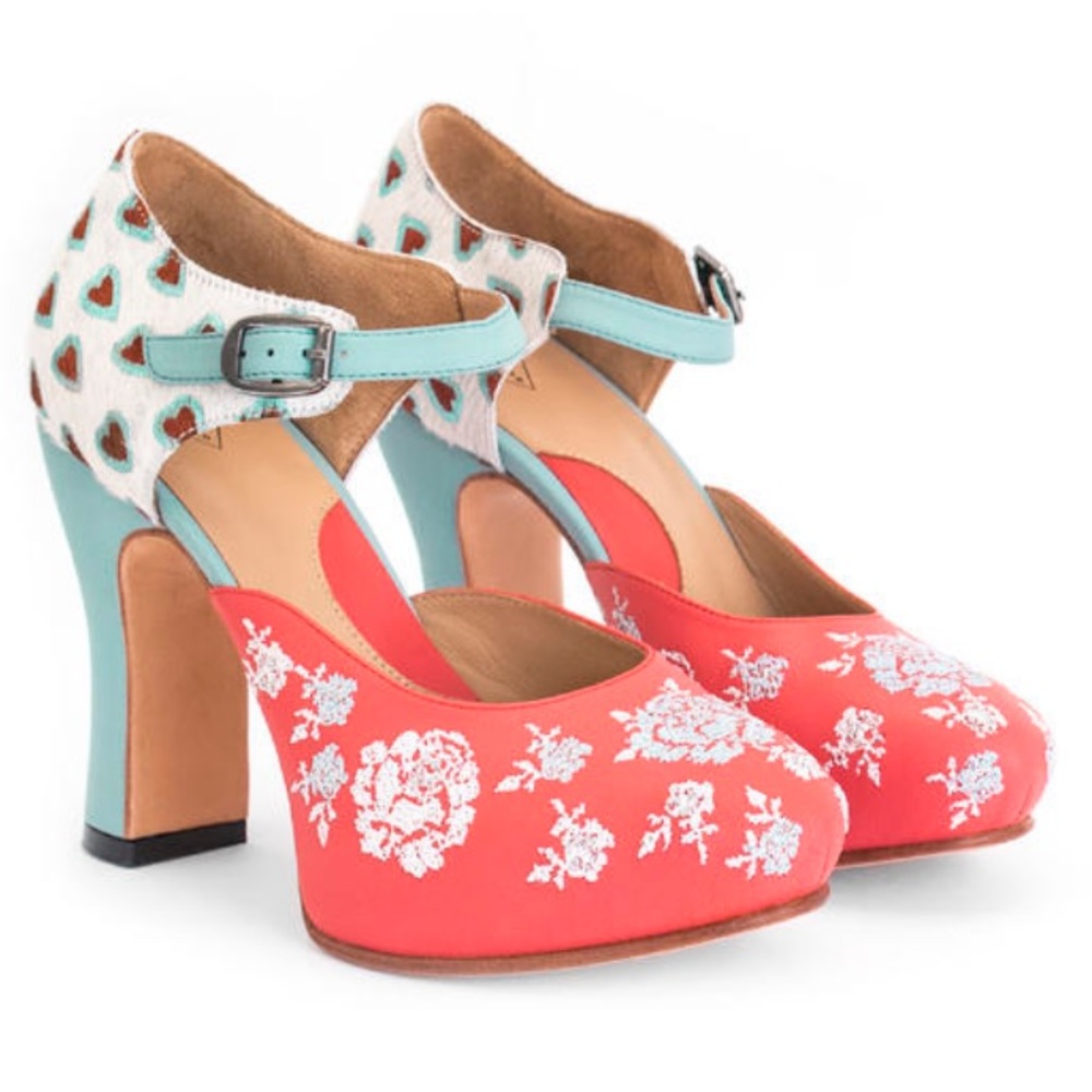 NWOT John Fluevog Flora Platform Heels with Embroidery